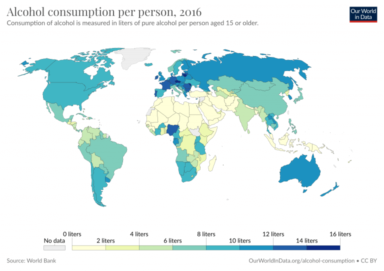 Употребление алкоголя в мире на душу человека, 2016 год